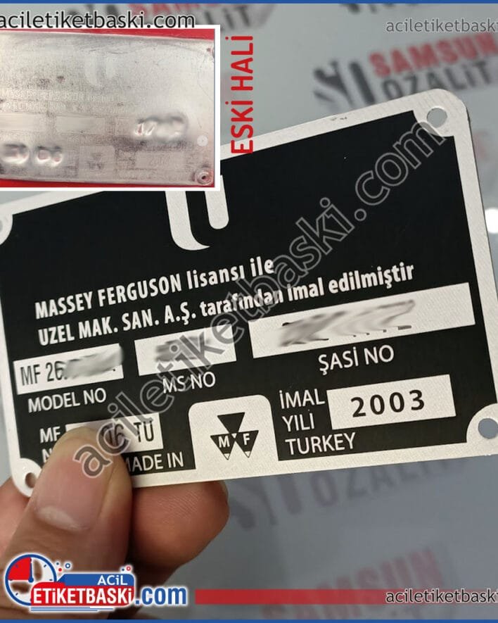 MF260 Massey Ferguson 260 modeli, metal etiket baskısı silinen yıpranan ara etiket baskıları, motor kimlik numarası, motor şasi baskısı, hızlı üretim, aynı gün gönderim, aslına uygun tasarlanmıştır, silinen, okunmayan, yıpranmış, metal motor şasi numarası, motor etiket baskısı, motor tanıtım etiket baskıları, tüm türkiye ve yurt dışı gönderim yapılır MF260 Massey Ferguson 260 model, metal label printing, erased and worn intermediate label printing, engine identification number, engine chassis printing, fast production, same day shipping, designed in accordance with the original, erased, unreadable, worn, metal engine chassis number, engine label printing, engine Promotional label printing, shipping all over Turkey and abroad.