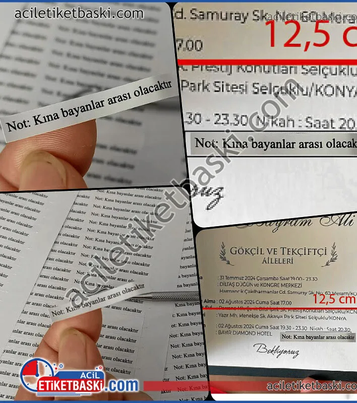 Davetiyeye Kına düzeltme etiket baskısı, davetiye düzeltme etiketi, davetiye etiketi düzelme baskısı, özel kesim imalat etiket, yanlış yazılmış, basılmış davetiye üzerinde, etiketle ilave yada, düzeltme, Davetiye için, kına gecesi bilgi etiketi baskısı
