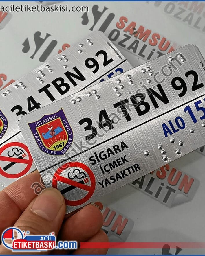 İstanbul'da Dolmuş, Taksi, Minibüs, Servis taşımacılığı firmaları için, görme engelli tabela baskısı, taksi etiketi, taksi kabartma etiket, görme engelli, araç içi plaka baskısı, braille alfabesi, istanbul ticari taksi için görme engeli, plaka baskısı