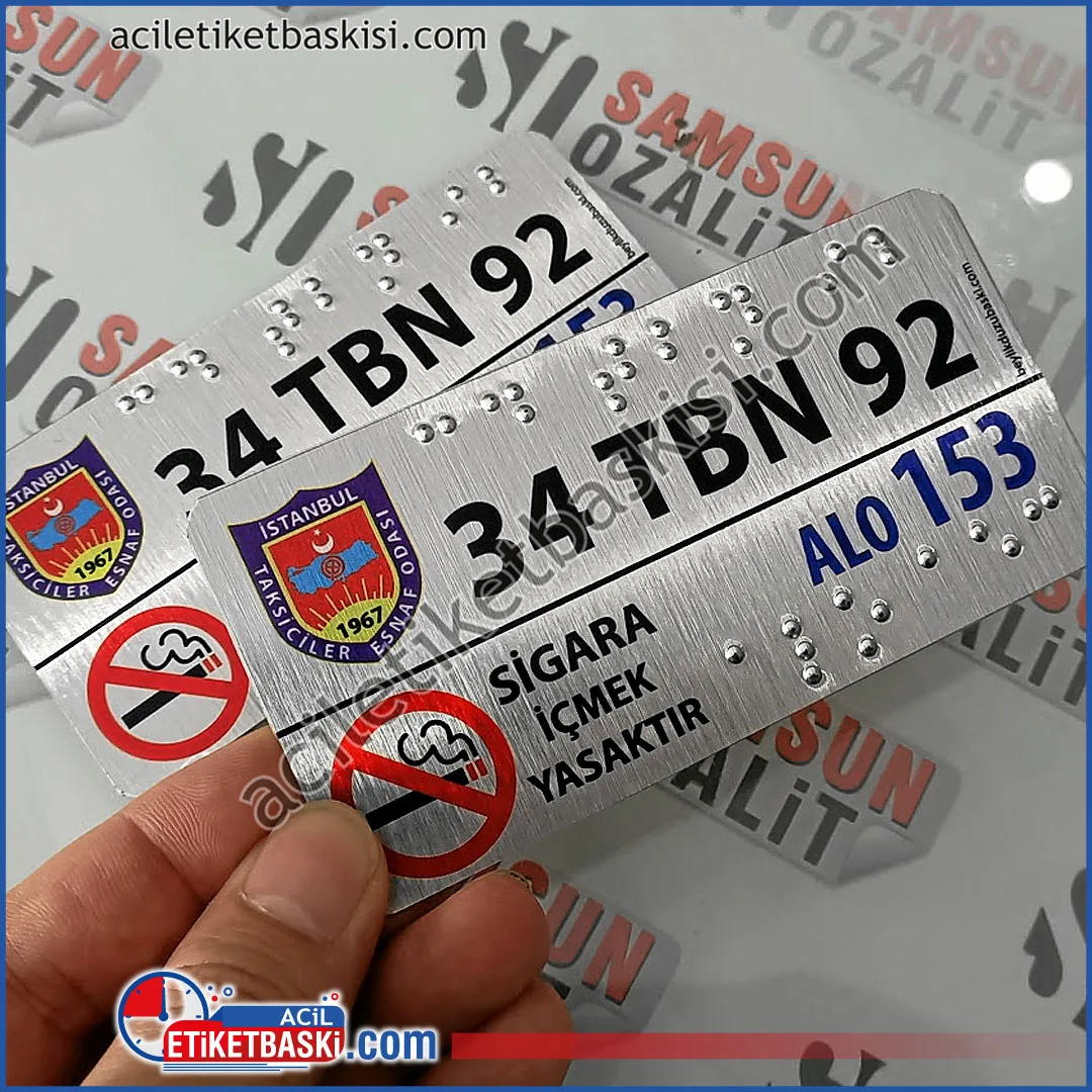 İstanbul'da Dolmuş, Taksi, Minibüs, Servis taşımacılığı firmaları için, görme engelli tabela baskısı, taksi etiketi, taksi kabartma etiket, görme engelli, araç içi plaka baskısı, braille alfabesi, istanbul ticari taksi için görme engeli, plaka baskısı