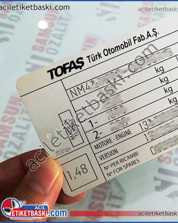 Tofaş motor etiketi, Doğan SLX motor etiketi, orijinal ebatlarda, aslına uygun, paslanmaz alüminyum, yazılar lazer ile yazılmıştır, çıkma, silinme yapmaz, üretimi durmuş olan bu araçlarda, yenileme, tadilat işlerinde motor etiketinin yeniden yapılması, muayene den geçmeyen, okunmayan motor etiket baskıları, aslına uygun yapılır, tofaş Doğan, Tofaş Şahin, Tofaş Kartal, Tofaş Serçe, motor etiket baskısı, şasi etiket baskısı