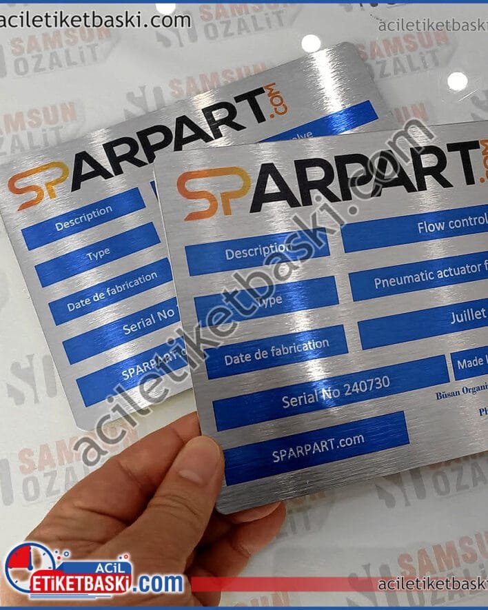 Sparpart metal etiket, makine etiketi baskısı, parça etiket baskısı, parça ürün üretim etiketi, metal makine tanıtım etiketi baskısı, konya için yapılan metal etiket baskısı, gümüş renk, metal etiket baskı örneği, arkası bantlı, iç mekan kullanıma uygun, kaliteli baskı, kaliteli ürün, adet sınırı yok, ebat ve adede göre fiyat alınız, yurt dışı gönderim yapılır Sparpart metal label, machine label printing, part label printing, part product production label, metal machine introduction label printing, metal label printing made for Konya, silver color, metal label printing sample, back tape, suitable for indoor use, quality printing, quality product, no quantity limit, get price according to size and quantity, shipping abroad