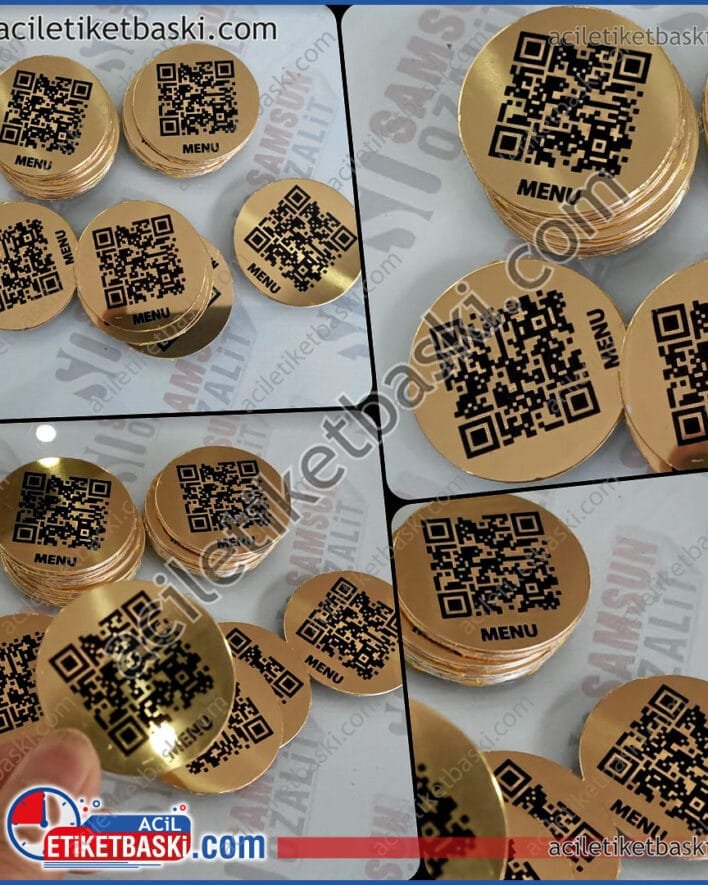 QR etiket baskısı, yuvarlak QR masa etiketi, 5cm çapında metal etiket baskı, menü için etiket baskı, kafe, restoran, yiyecek sektörü menü etiket baskısı, acil etiket baskı merkezi, Web sitesi QR bağlantılı menü etiketi, iç mekan dayanıklı, silinmeye, soya, neme dayanıklı metal etiket baskısı