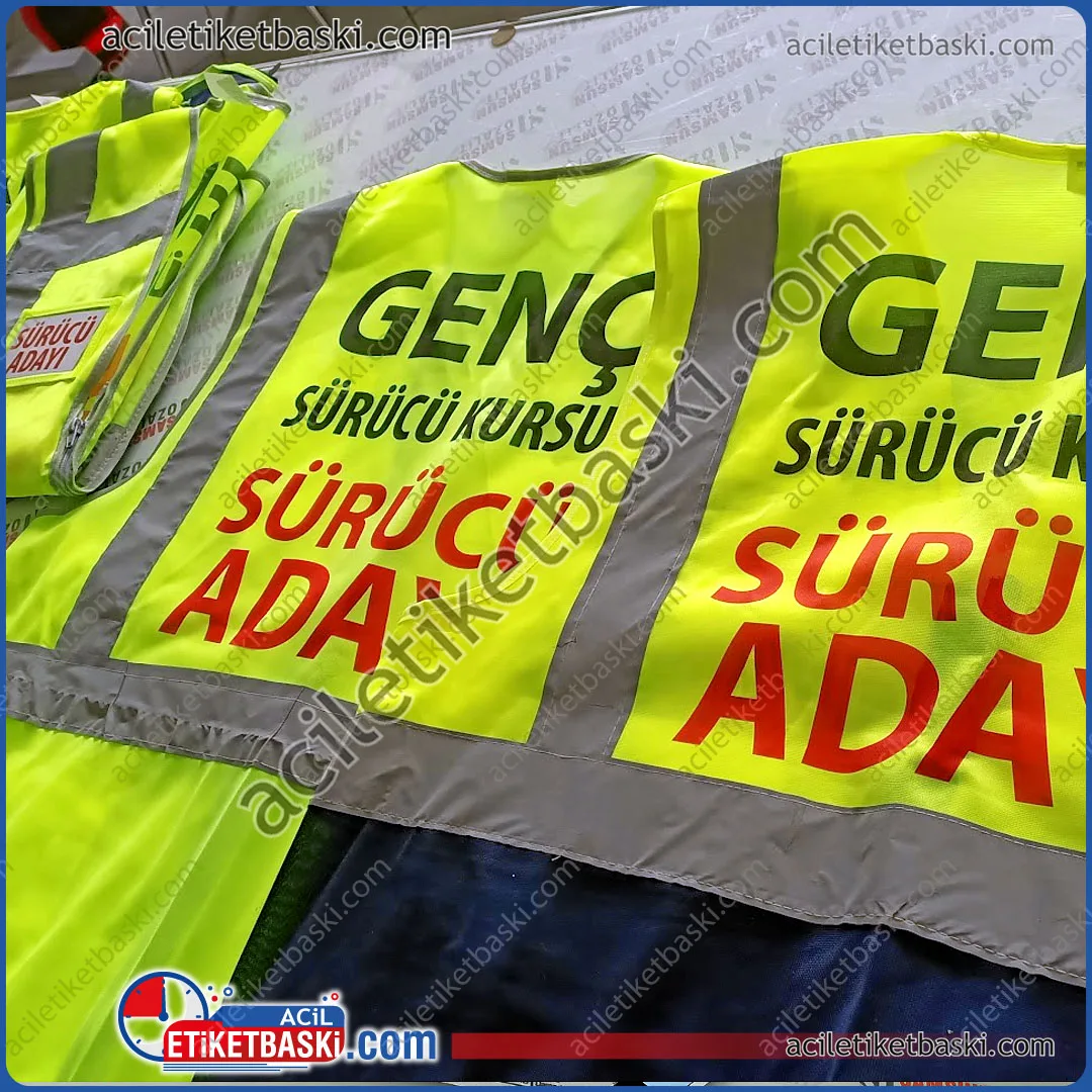 sürücü adayı yelek baskısı, sürücü kursu için yelek baskısı, reflektörlü yelek, fosforlu yelek baskısı, mühendis yeleği baskısı, iş yelek baskılı ürün, ürünlere logo konulabilir, aynı gün gönderim yapılır, tasarım desteği verilir, acil yelek baskı merkezi