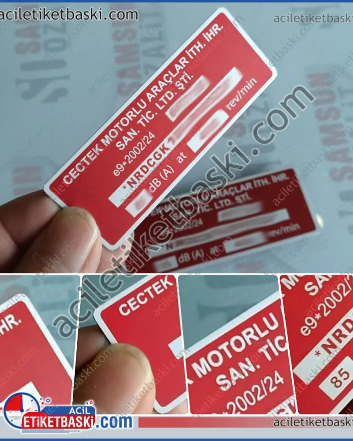 Gectek metal etiket, gectek motorlu araçlar, şasi numarası, tekne motor etiketi, kırmızı metal etiket, silinen yıpranan motor etiketi, kaliteli motor etiket, deniz suyuna dayanıklı etiket baskısı yapılır, tasarım desteği verilir, az adet üretim, adetli, üretim mümkün