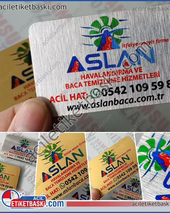 Şık ve dayanıklı metal kartvizitlerimiz, kart ebadında etiket olarak tasarlanmıştır. Arkası yapışkanlı bu ürünler, aslan baca temizlik, havalandırma ve baca etiketi gibi sektörlerde kullanıma uygundur. Hem tanıtım kartı olarak hem de kalıcı bilgi etiketi olarak kullanılabilen bu ürünler, profesyonel imajınızı güçlendirir.