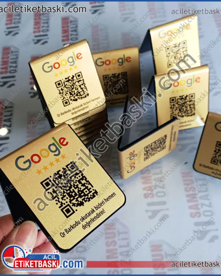Google değerlendirme, qr kod etiketi, masa üzeri değerlendirme standı, ayaklı, üçgen büküm, müşteri değerlendirme, tabelası