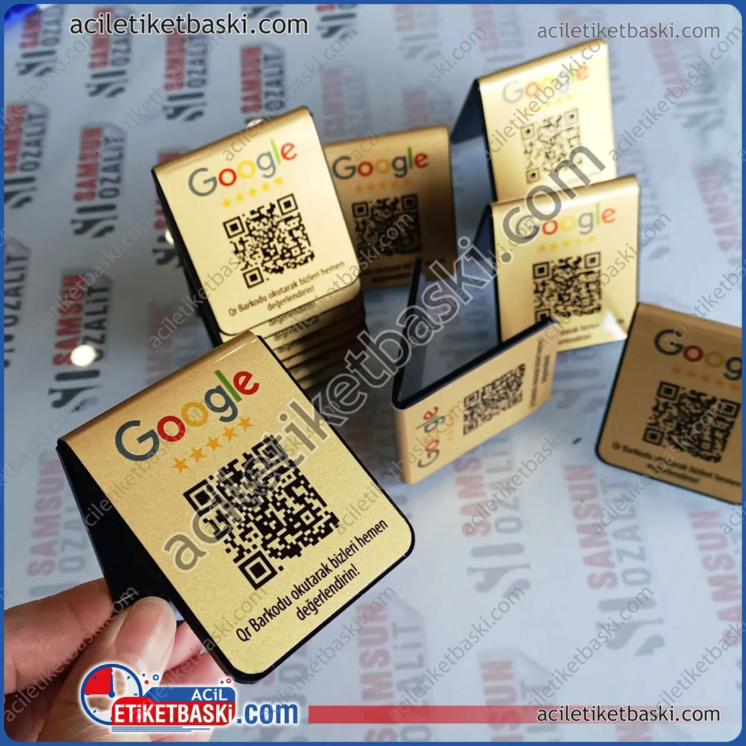 Google değerlendirme, qr kod etiketi, masa üzeri değerlendirme standı, ayaklı, üçgen büküm, müşteri değerlendirme, tabelası