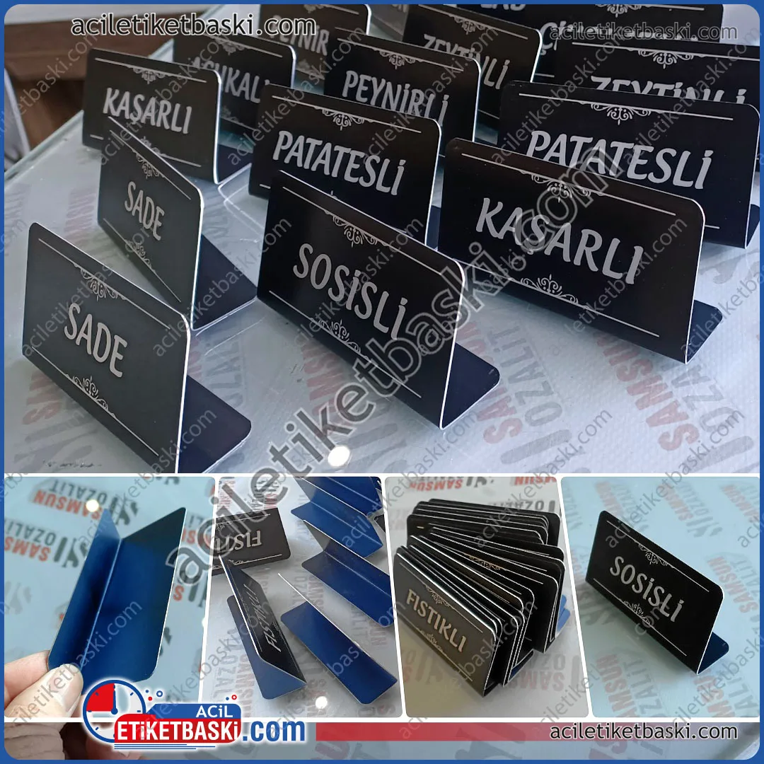 pastane için, ısıya dayanıklı, metal etiket, üçgen büküm, lazer ile kazıma, dayanıklı, paslanmaz alüminyum, tepsi ve vitrin etiketi