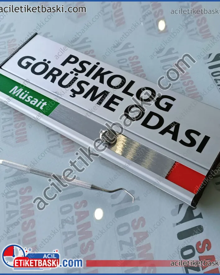 sürgülü kapı isimliği, görüşme odası kapı tabelası, müsait toplantı var, alüminyum malzeme, kaliteli ürün, aynı gün gönderim, acil baskı merkezi