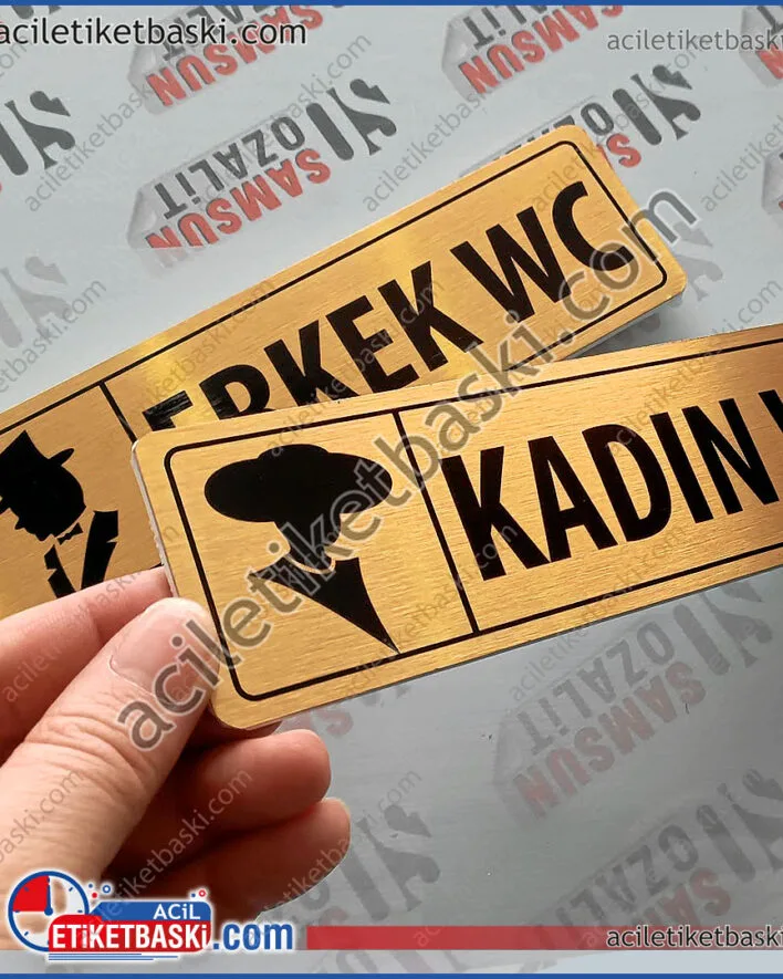 WC tabelası, Erkek, kadın, wc tabela baskısı, tabanı 3 mm plastik, üzeri altın rengi, paslanmaz alüminyum, kaliteli ürün, uzun süre kullanım, ebat ve tasım desteği, aynı gün gönderim