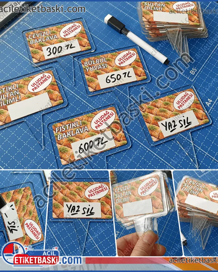 baklava için, yazıp silinebilir, pleksi tabela, ürün içine batırılabilen, gıda kodeksine uygun, fiyat yazılıp silinebilen, emaye parça montajlı, gıda tabelası, adet ve ebada göre fiyat alınız