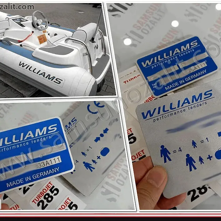 williams bot motor numarası, deniz motoru, deniz bot, kendinden motorlu deniz botu williams motor şasi etiketi, paslanmaz alüminyum dış mekan dayanıklı ürün, kaliteli ürün, mavi renk olarak basım yapılmıştır, mavi metal etiket
