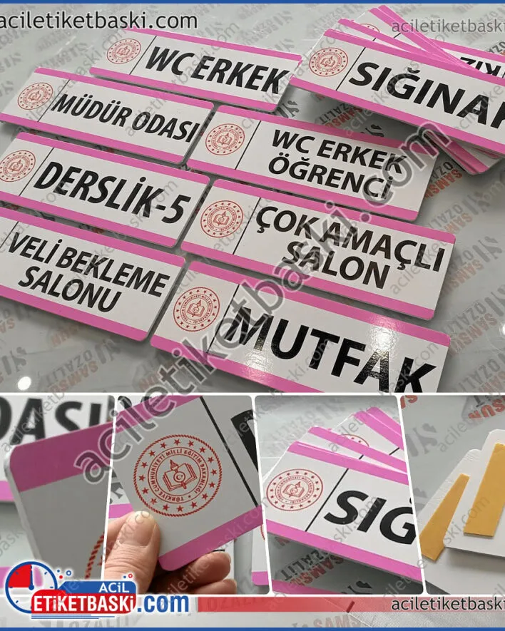 ucuz kapı tabelası, okul, derslik, etüd, eğitim, plastik kapı tabelası, 25x8 cm ebadında, arkası bantlı, üzeri değişken baskılı, okul kapı sınıf tabelası, imalat üretim
