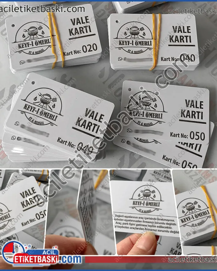 vale kartı, plastik kart, üzeri delikli, sıra numara baskılı, vale kuralları baskılı, 1 numaradan 2 takım, otopark kartı, yıpranmaz, kaliteli, silinmez lazer baskı