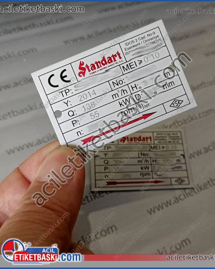 Standart pompa makine etiketi, metal etiket, dış mekan paslanmaz, renkli baskılı etiket, lazer ile kazıma, uzun süre dayanım, paslanmaz alüminyum az adet yapılır