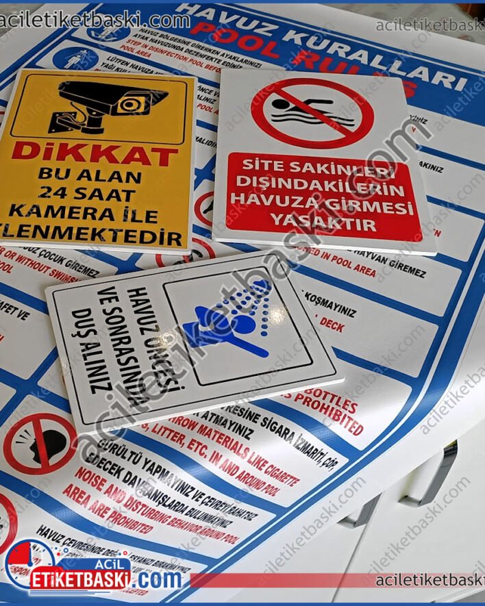 havuz kuralları, kamera kaydı, duş alma tabelası, site içi kurallar için uyarı levhası üretim, imalat, aynı gün gönderim, kaliteli malzeme, acil üretim baskı merkezi