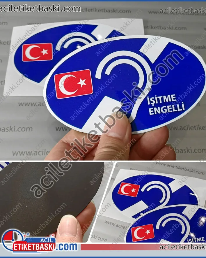 işitme engelli, araç için mıknatıs, uyarı etiketi, 12x7cm dış mekan dayanıklı ürün, metal yüzeye yapışır, kaliteli mıknatıs, aynı gün üretilip gönderilir, mıknatıs etiket üretim imalat
