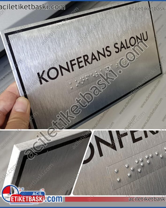 konferans salonu, braille alfabe baskısı, otel, toplantı odaları, etkinlik merkezleri için, görme engelli yazı baskısı, metal üzeri abartma ürün, boyalar dökülmez silinmez, yıpranmaz, kabarma harfler metalden yapılmıştır, mevcut ürünler üzerine plaka şeklinde basılıp montajlanabilir