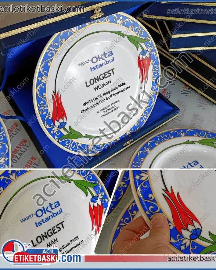 ödül plaketü, tabak şeklinde plaket, birincilik, golf turnuvası için, tabak birincilik plaketi, türk motifleri ile bezeli, misafirlere verilebilecek, en güzel plaket, kadife kutulu, 25cm tabak porselen, 28cm kutu