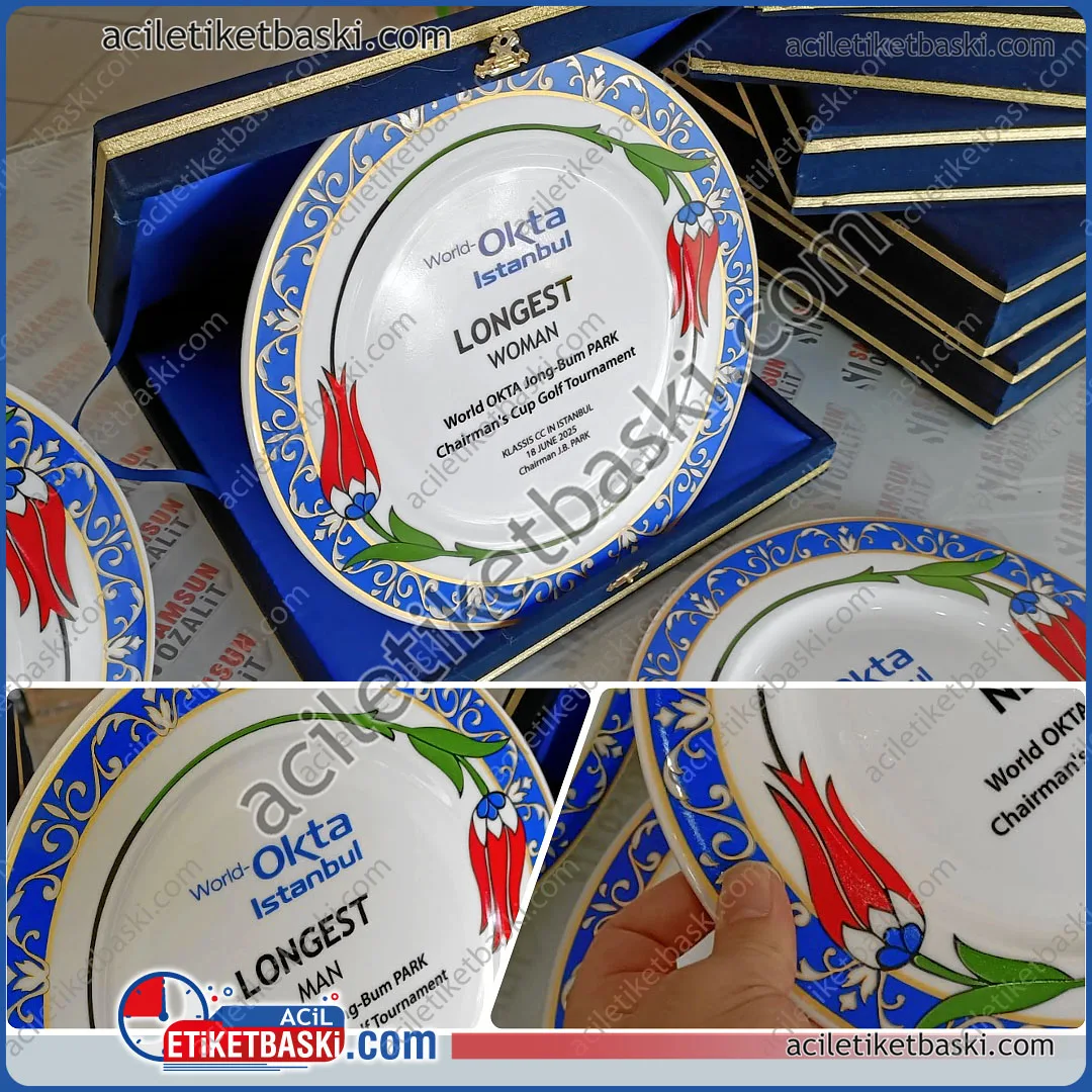 ödül plaketü, tabak şeklinde plaket, birincilik, golf turnuvası için, tabak birincilik plaketi, türk motifleri ile bezeli, misafirlere verilebilecek, en güzel plaket, kadife kutulu, 25cm tabak porselen, 28cm kutu