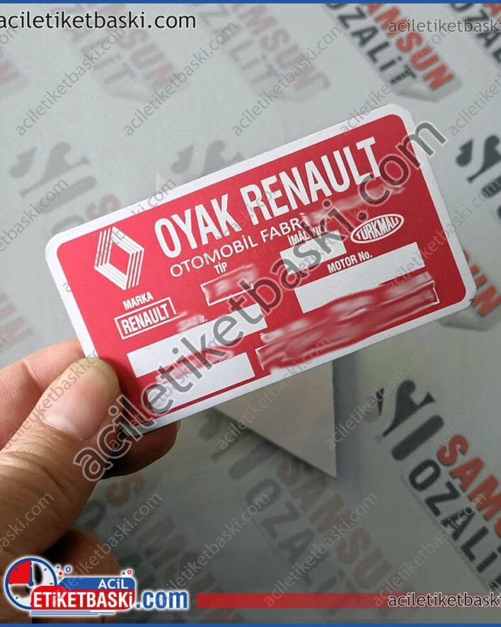 oyak renault, araç motor etiketi, baskısız boş, ister baskılı olarak alınabilir, toros, araç motor etiketi, paslanmaz, kırmızı renk motor etiketi üretimi, aslına uygun