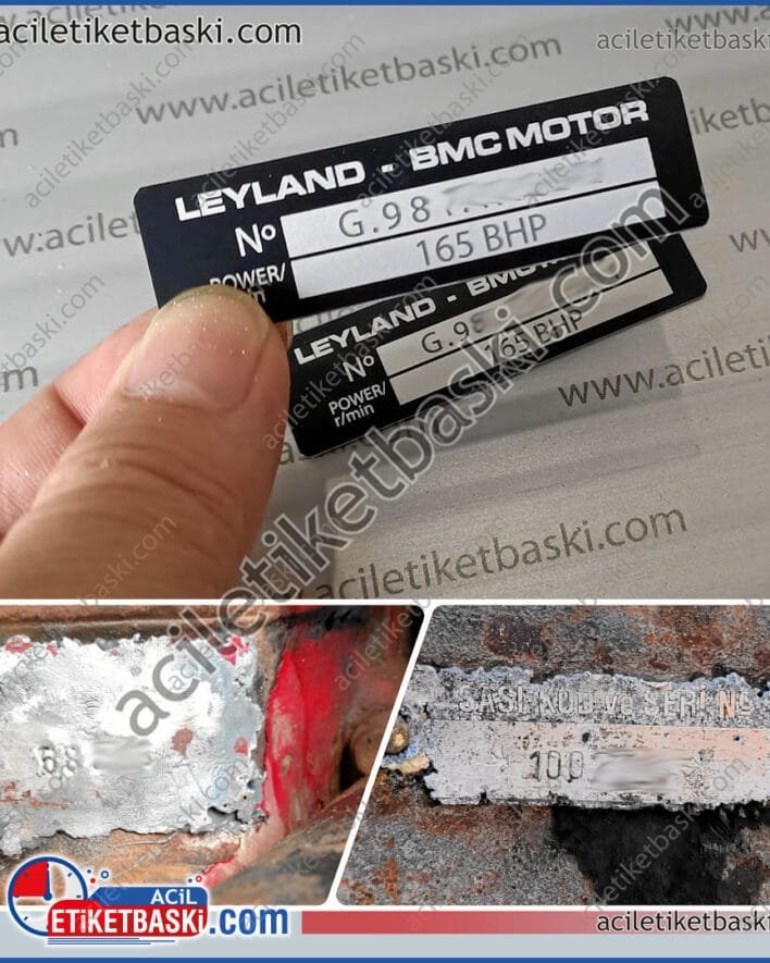 Leyland, Bmc Motor, 165 beygir, motor etiketi, motor seri numara etiketi, aslına uygun acil üretim, kaliteli etiket, okunmayan, silinen etiket yerine tasarlanmış, etiket baskıları, lazer ile kalıcı baskı, siyah metal, uv dayanıklı, deniz suyu dayanıklı