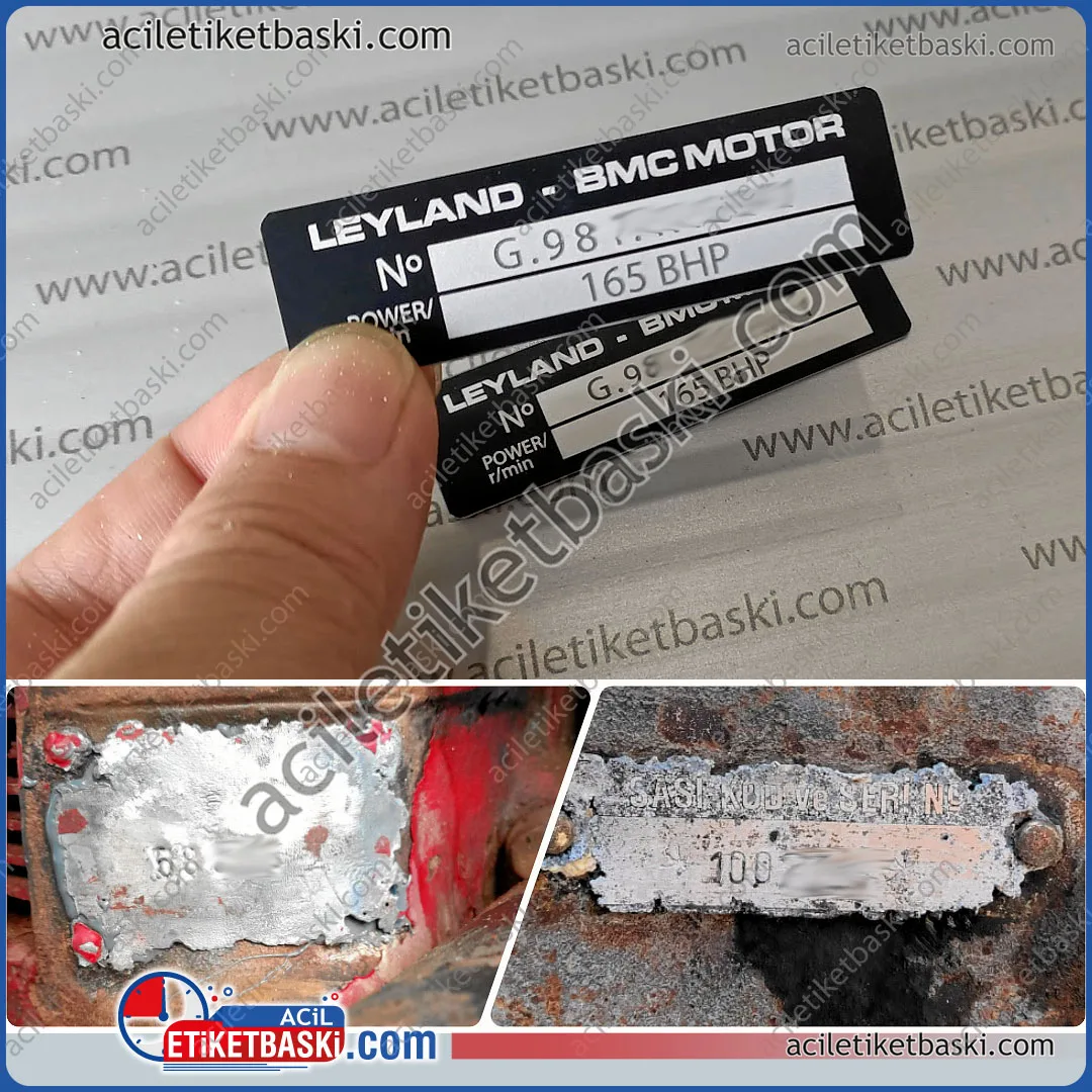 Leyland, Bmc Motor, 165 beygir, motor etiketi, motor seri numara etiketi, aslına uygun acil üretim, kaliteli etiket, okunmayan, silinen etiket yerine tasarlanmış, etiket baskıları, lazer ile kalıcı baskı, siyah metal, uv dayanıklı, deniz suyu dayanıklı