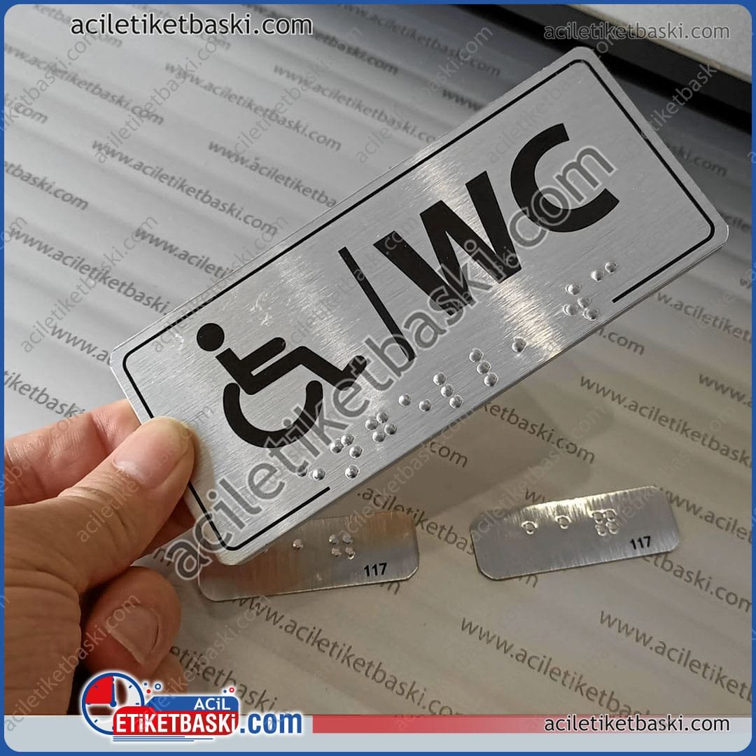 Otel için engelli WC tabelası, braille alfabesi ile, kabartma yazılı, metal ürün, dayanıklı, yazılar el ile hissedilir, kabarmalar kopmaz, zarar verilemez, düşmez, dayanıklı kapı tabelası Otel için engelli WC tabelası, braille alfabesi ile, kabartma yazılı, metal ürün, dayanıklı, yazılar el ile hissedilir, kabarmalar kopmaz, zarar verilemez, düşmez, dayanıklı kapı tabelası