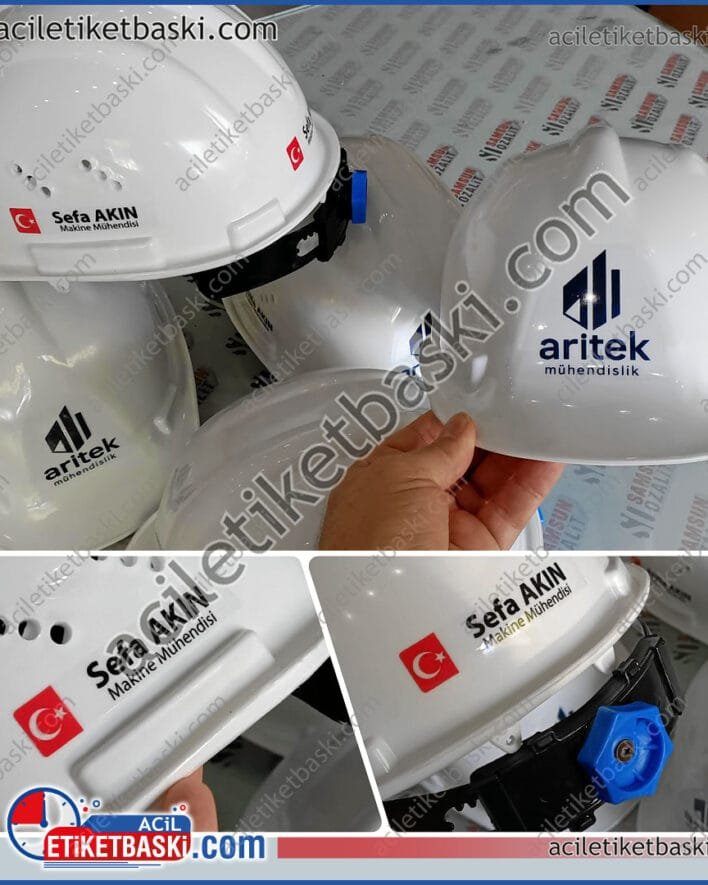 baskılı baret, logo baskılı baret, isim baskılı baret, kan gurubu baskılı baret, acil baret baskısı, kaliteli ürün, CE belgeli, arkası çevirmeli, mühendis bareti, tasım, imalat üretim