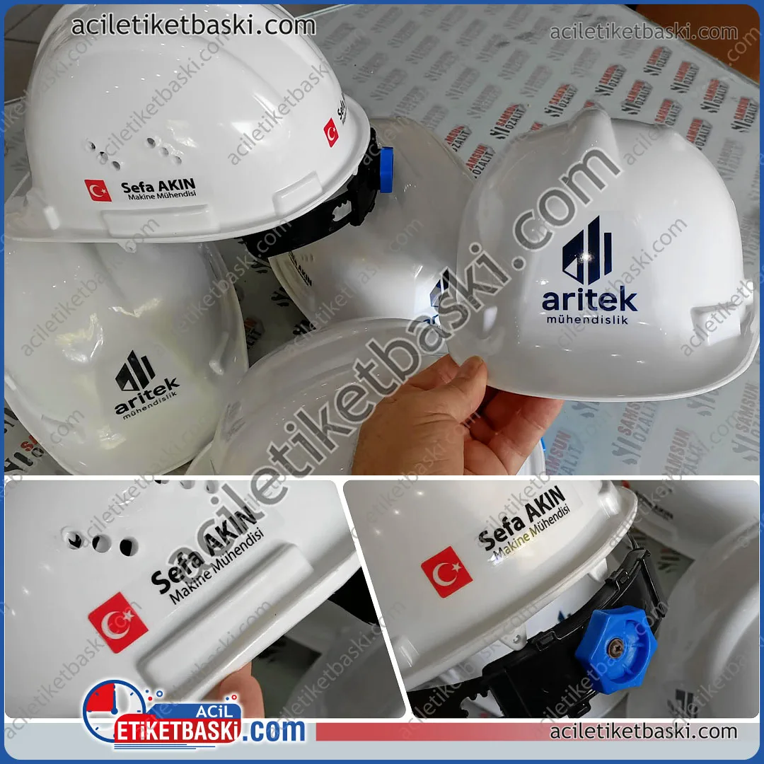 baskılı baret, logo baskılı baret, isim baskılı baret, kan gurubu baskılı baret, acil baret baskısı, kaliteli ürün, CE belgeli, arkası çevirmeli, mühendis bareti, tasım, imalat üretim