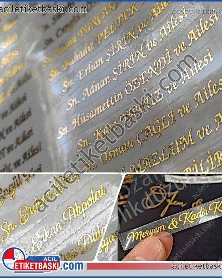 davetiye etiketi, konuk listesi yazılı etiket, zarf etiketi, varak yaldız baskı, altın varak, şeffaf etiket üzerine, varak yaldız baskı, davetli, konuk, etkinlik katılımcı liste baskısı, düğün, sünnet, nişan, açılış davetiye konuk etiketi, aynı gün kargo, tasarım desteği