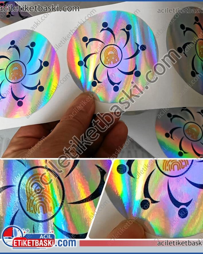 hologram etiket, 8cm çapında üretilmiştir, istenilen ebatlarda, hologram etiket baskısı, özel kesim, renkli baskı, hızlı üretim, hologram etiket baskısı, acil etiket baskı merkezi