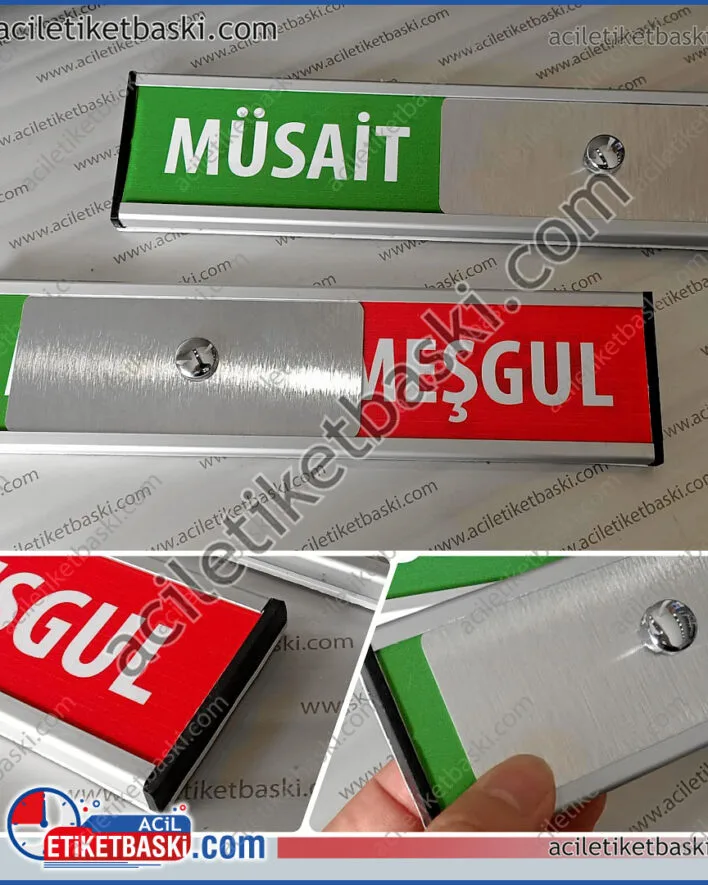 sürgülü kapı tabelası, müsait, meşgul, kapı isimliği, 25x6cm ebadında, iç yazıları isteğe göre değişebilen, tamamen alüminyum, kaliteli kapı tabelası, imalat, üretim, tasarım, dekoratif lapı isimliği