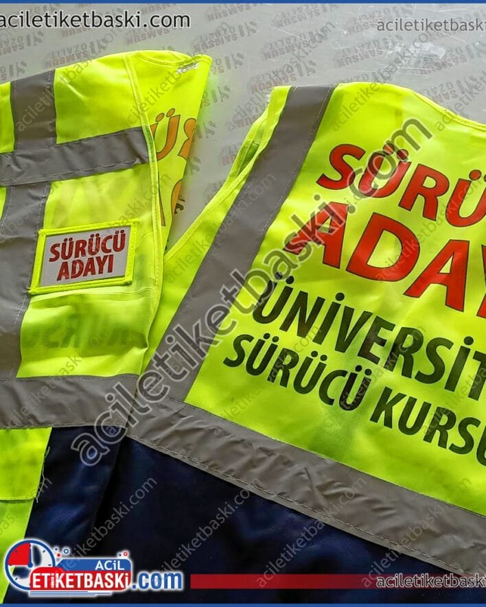 sürücü adayı, yelek baskılı ürün, aynı gün gönderim, sürücü kursu isim ve logo basılabilir, fosforlu yelek, reflektörlü yelek, motosiklet sürücü yeleği, acil üretim, hızlı teslimat, baskılı yelek, yelek üretim, imalat, tasarım
