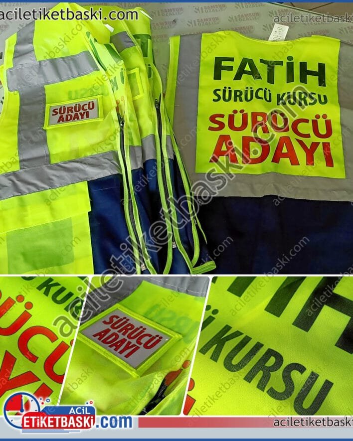 yelek baskılı ürün, sürücü adayı yelek, sürücü kursu yelek, acil üretim, aynı gün gönderim, kaliteli yelek, uzun süre kullanım, fosforlu yelek, reflektörlü yelek, özel tasarım yapılır, üretim, imalat, adede göre özel fiyat verilir