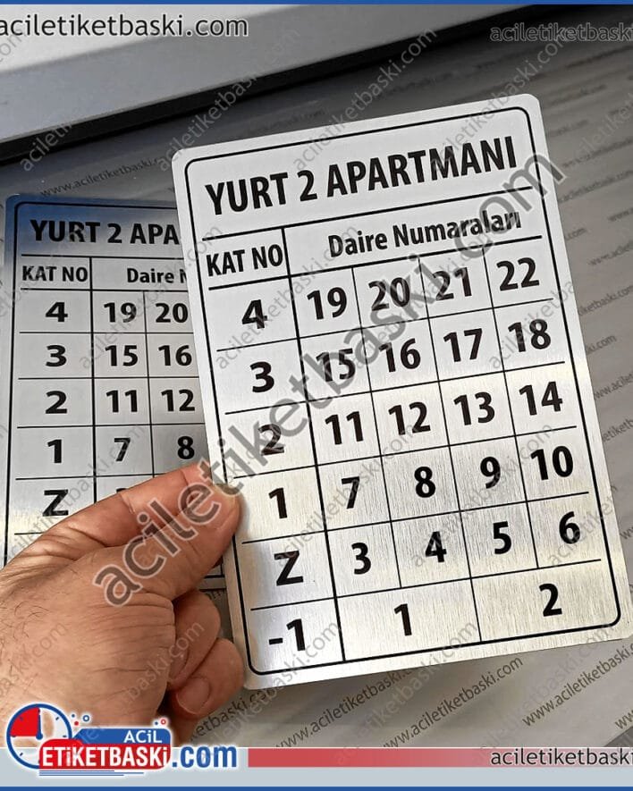Asansör Etiketi, asansör kat etiketi, asansör kat planı baskısı, asansör içine metal etiket, dayanıklı ürün, arkası bantlı, tasarım desteği, hızlı üretim, imalat, uyarı levhası imalatı