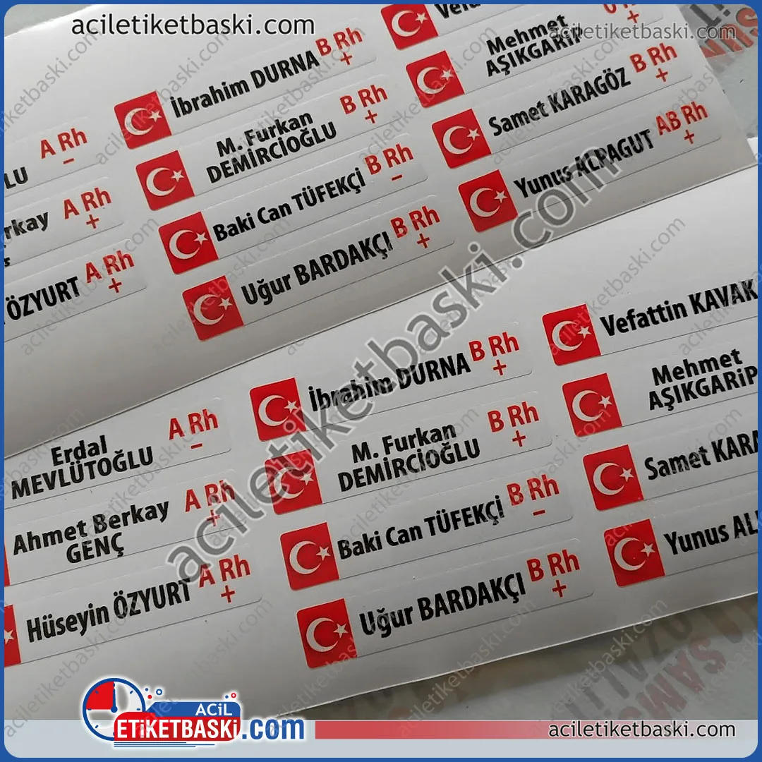 Baret etiketi, dış mekan dayanıklı, kan gurubu, isim, bayrak baskılı, şeffaf etiket, kalıcı ürün, sudan güneşten etkilenmez, baret yanlarına uygun, tasarım destek, istenirse logo baskısı da yapılır, etiketini barete kendin yapıştır