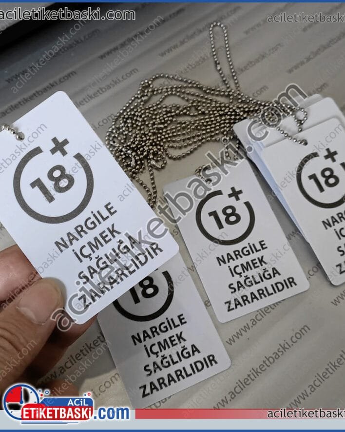 Nargile için, uyarı levhası, zincirli, uyarı tabelası, +18 uyarı tabelası, sigara sağlığa zararlıdır, yönetmeliğe uygun, nargileye takılan plastik tabela, baskılar silinmez, kalıcı ürün