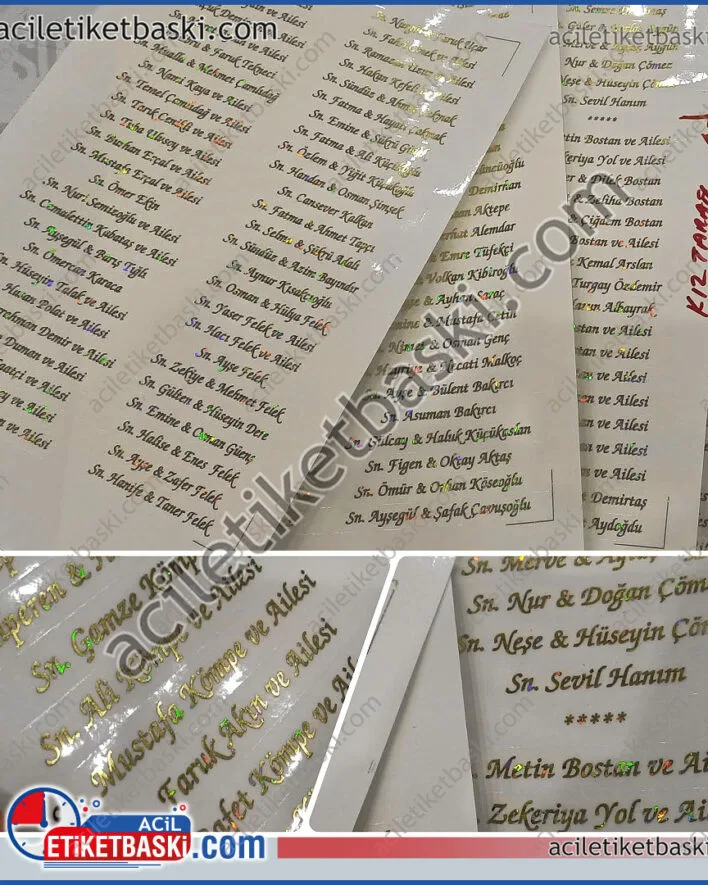 Yaldız etiket, varak yaldız, davetiye için, zarf üzerine, konuk isimleri, hattat yazı, altın ve gümüş renk, davetli isimleri, tek tek yazılı, değişken baskı, aile konuk davetli, isim baskıları, kesimleri yapılmış, aynı gün gönderim, tasarım desteği