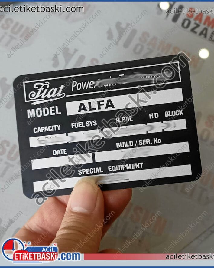 fiat marine etiket, tekne motor etiketi, fiat alfa motor etiket, sıcak, deniz suyu, güneş, dayanımlı, paslanmaz alüminyum, denetlemeye uygun, aslına uygun, imalat, üretim, alım satım için gerekli, motor bilgi etiketi, tekne, yat, motor etiket baskı merkezi