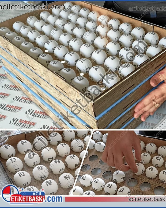 kura topu, çekiliş topu, özel kutulu, kutular 60 adet olarak tasarlandı, basılar dönen sisteme uyumlu, şeffaf kapaklı kutu, hızlı üretim, tasarım desteği, 1 topa 6 baskı