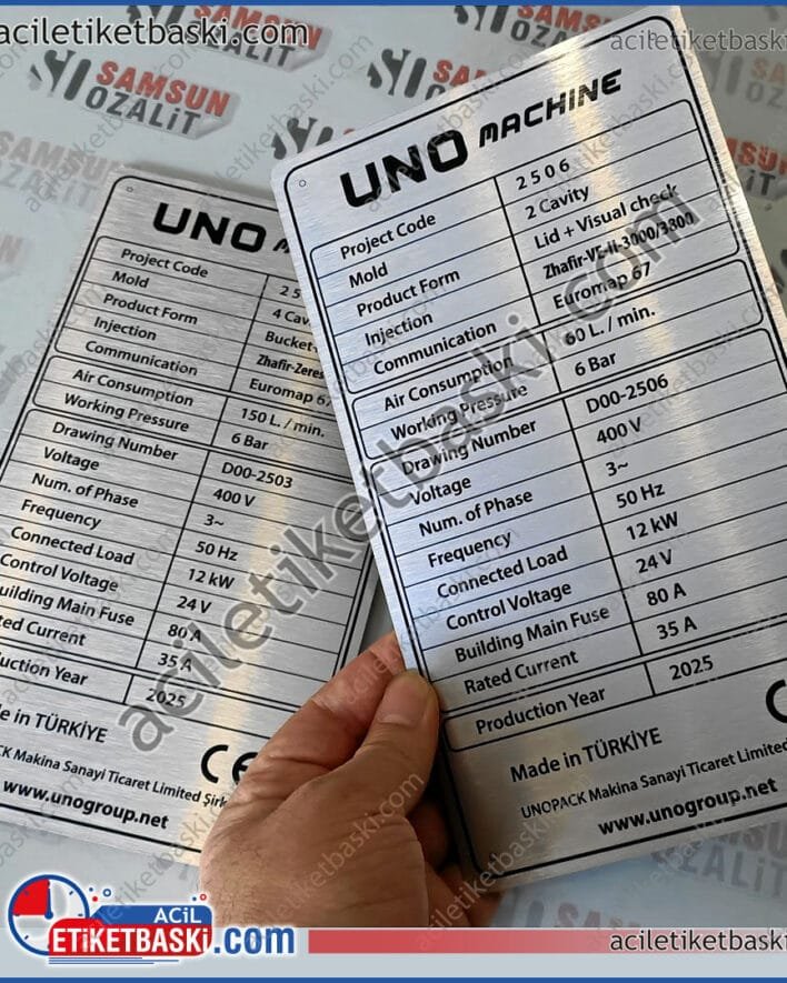 makine etiketi, metal etiket, makine tanıtım, bilgi etiketi, elektrik yükü, ağırlık, ebat, üretim yılı, paslanmaz, kaliteli istenilen ebat, tasarım desteği, aynı gün gönderim,arkası bantlı