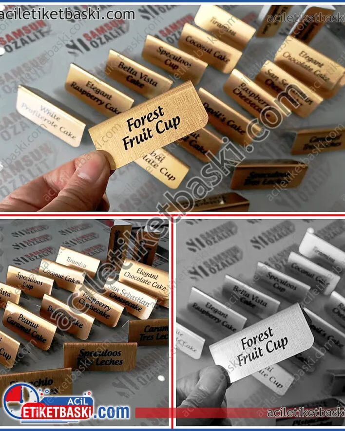 7x3cm üçgen büküm metal, pastane için yapıldı, vitrinde, ürün isimleri, mamül önüne konulan isim tabelası, altın, gümüş renk, istenilen ebat, aynı gün gönderim, tasarım desteği