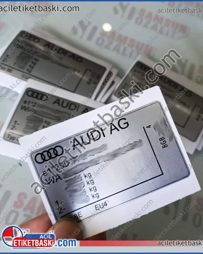 Audi araç etiketi, direk etiketi, motor etekti, seri numara etiketi, üretim imalat, tasarım, aynı gün gönderim, orijinal malzemeye yakın, gerçek ebat ve ölçülerde aslına uygun tasarım