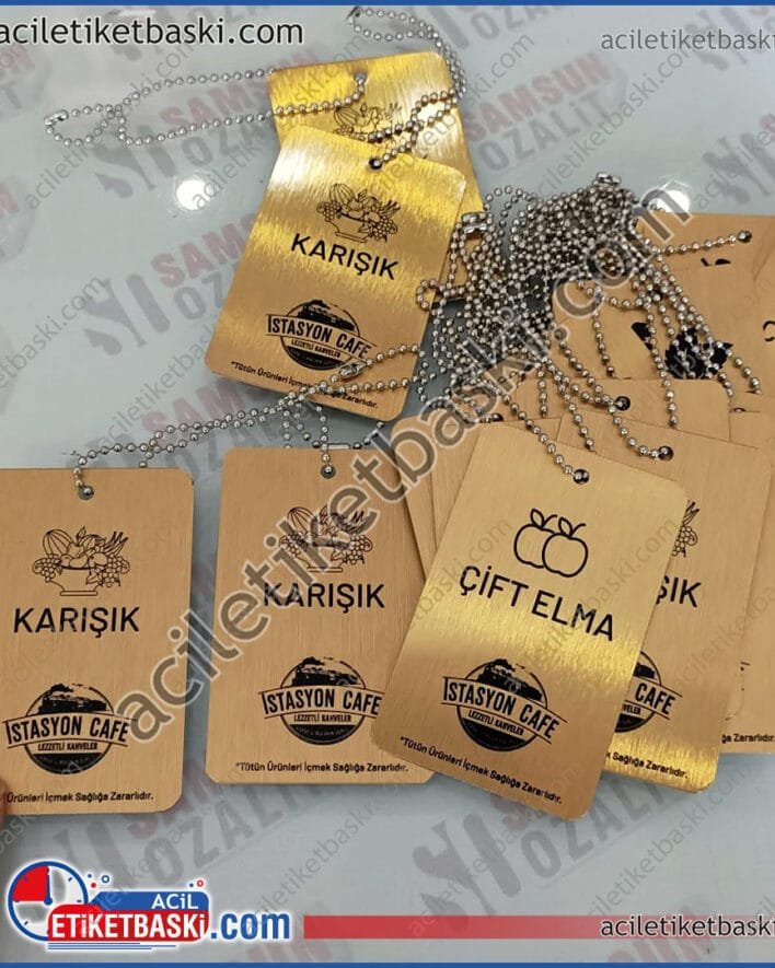 Kafeler için, nargile, uyarı etiketi, metal ürün, zincirli, hızlı üretim, aynı gün gönderim, kaliteli metal etiket, metal uyarı levhası, zincirli uyarı tabelası, acil etiket baskı merkezi