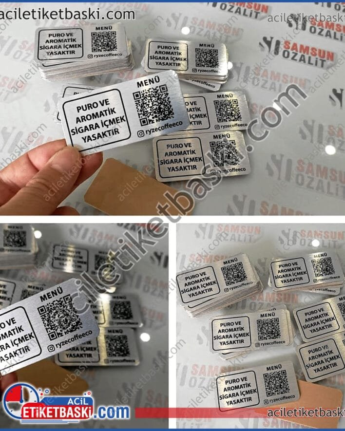 Masa üzeri QR etiket, oval köşe kesim, gerçek metal, üzeri baskılı, QR kod ile menüye bağlanma, arkası bantlı, iç mekan dayanımı yüksek, tasarım desteği, paslanmaz, alüminyum, acil etiket baskı merkezi
