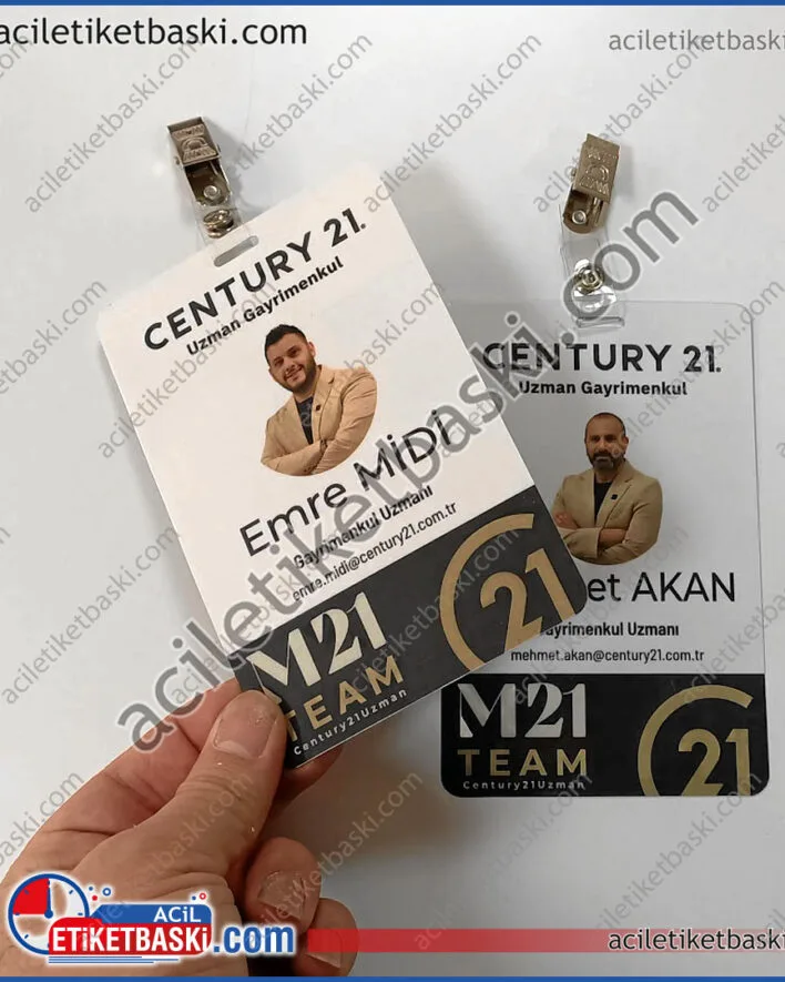 Personel Yaka isimliği, yaka askılı, cep askılı, kıskaçlı, pvc yaka kartı, 10x15cm ebadında, resimli, 2 yüzey baskılı, acil üretim, tasarım desteği, century21 emlak, yaka kartı
