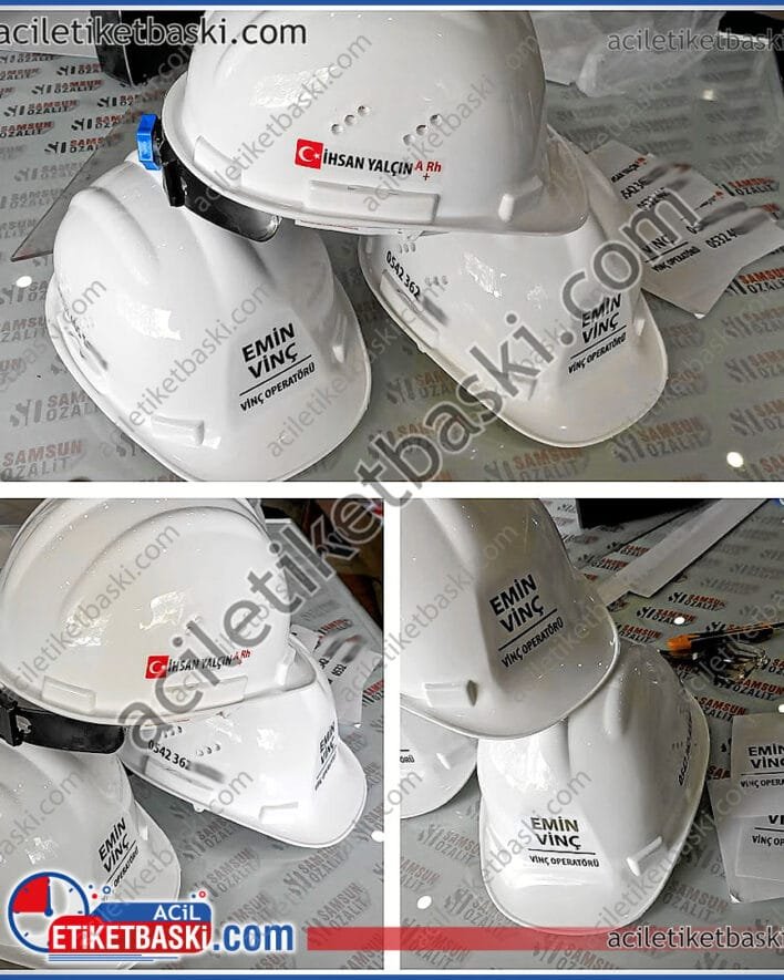 baret, baskılı baret, baret etiketi, vinç operatörü, baret baskılı ürün, isim, telefon, logo, kan grubu baskısı, CE belgeli, yerli üretim baret, baret baskı merkezi, acil baret baskıları