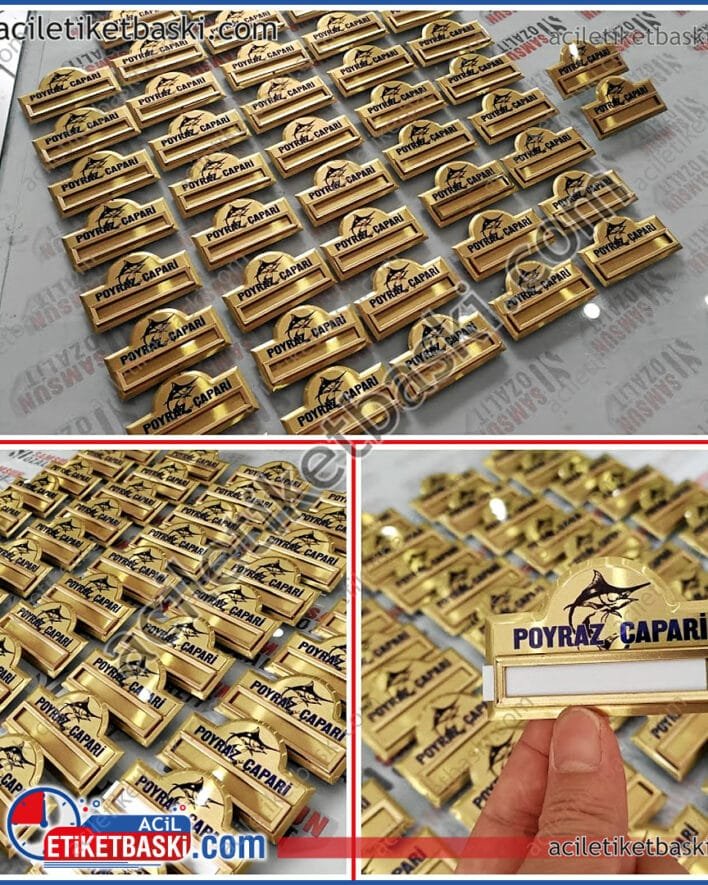 poyraz çapari, personel yaka kartı, adetli, arkası iğneli, mıknatıslı yapılır, logo baskılı, iç kağıtları değişir, kaliteli ürün, altın ve gümüş renk mevcut, hızlı üretim, şık, kullanışlı, yaka isimliği, üretim, imalat, acil baskı merkezi